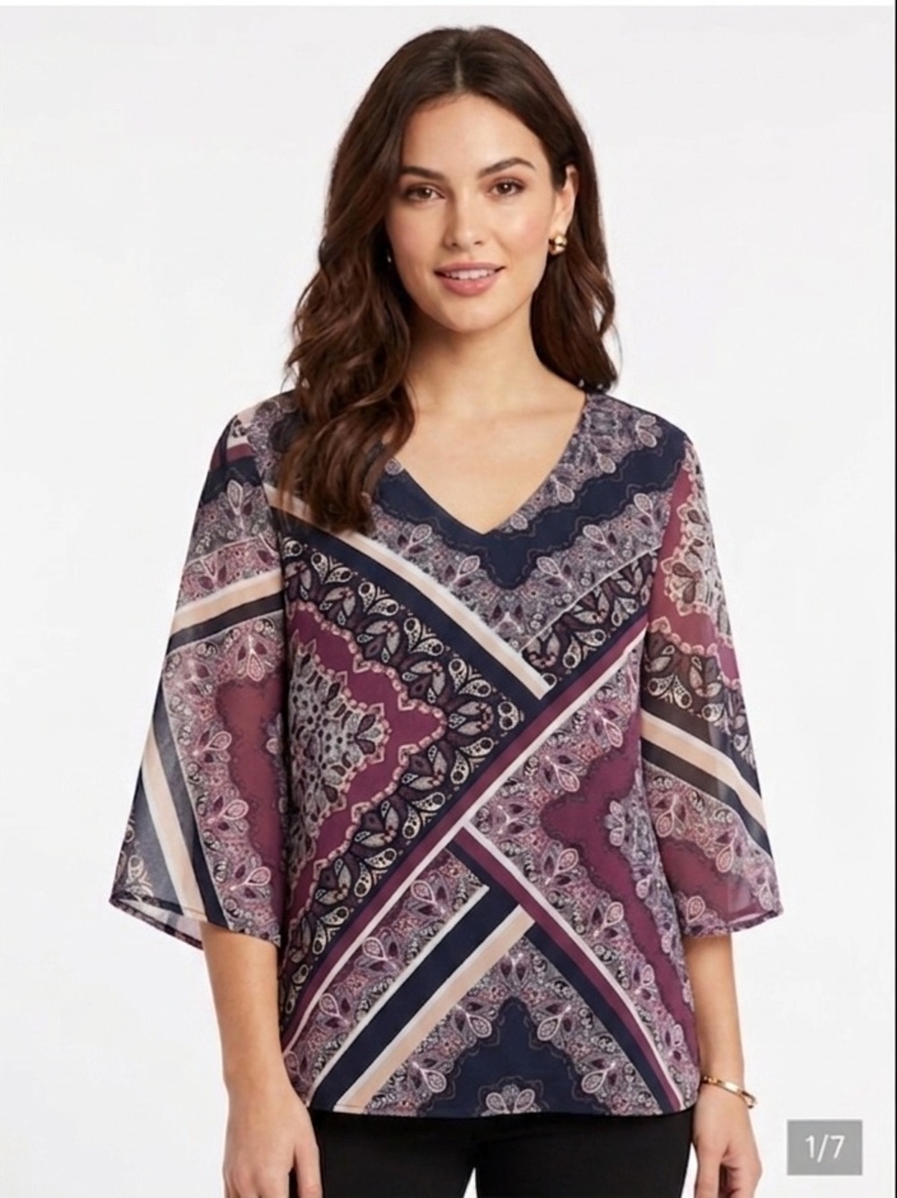 Le Chateau Paisley Floral Chiffon Blouse Size Medium Purple/Navy/Cream